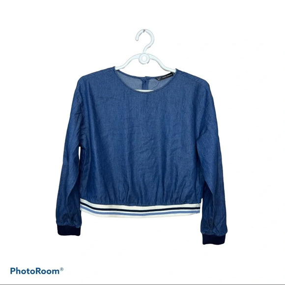 Zara long sleeve blue striped detail jeans top Sz S - Picture 12 of 13